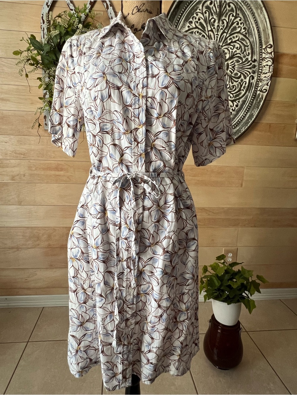 Scotch & Soda White Shirt Dress with Brown & Blue Floral Print Size Small